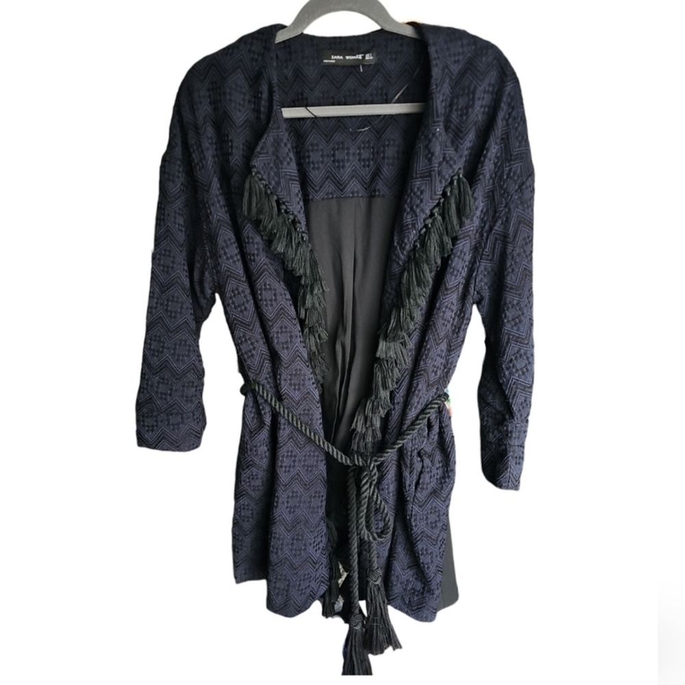 #034 Zara Navy Textured Knit Cardigan With Tassels & Ripe Tie